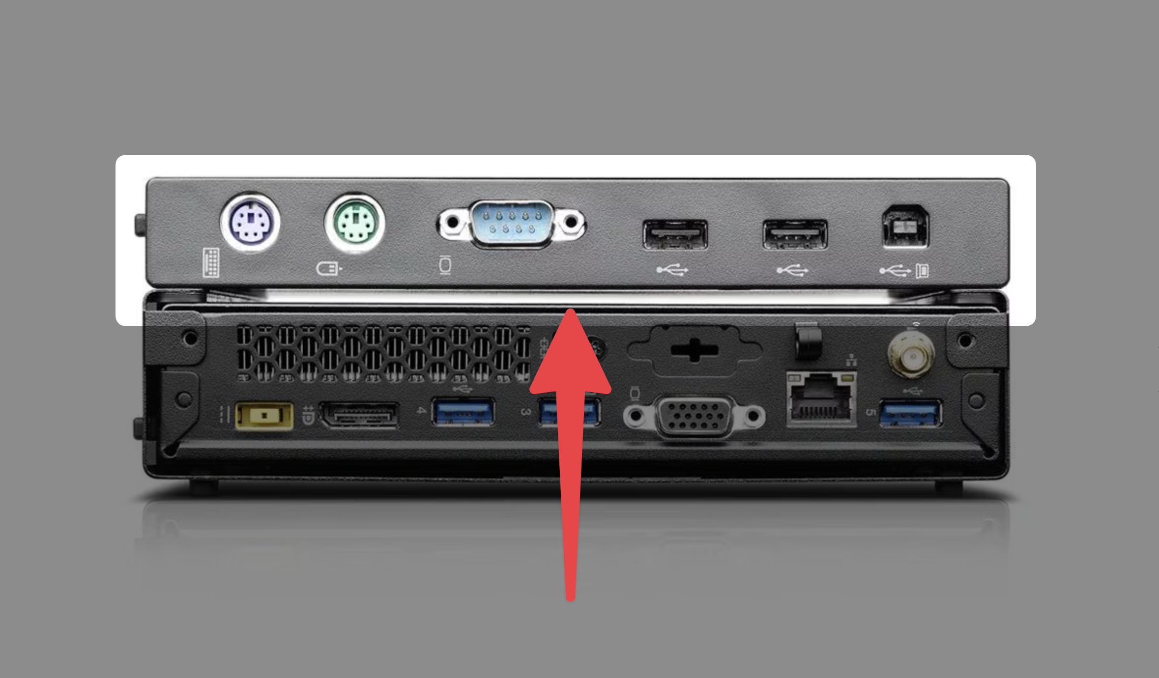 Optional Lenovo Tiny I/O box mounted above the rear ports